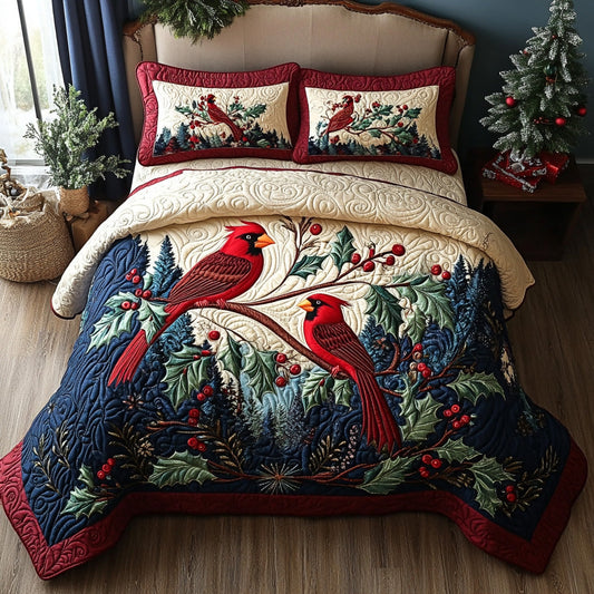 Frosty Cardinals 3-Piece Quilted Bedding Set NCU0DV7376