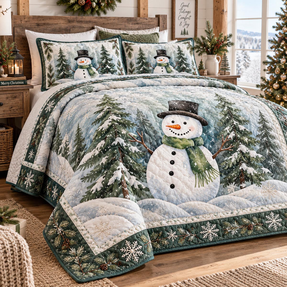 Frosty Evergreen Snowman 3-Piece Quilted Bedding Set NCU0DV10148