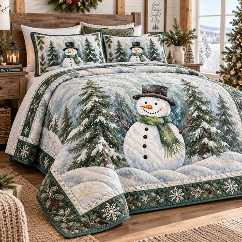 Frosty Evergreen Snowman 3-Piece Quilted Bedding Set NCU0DV10148