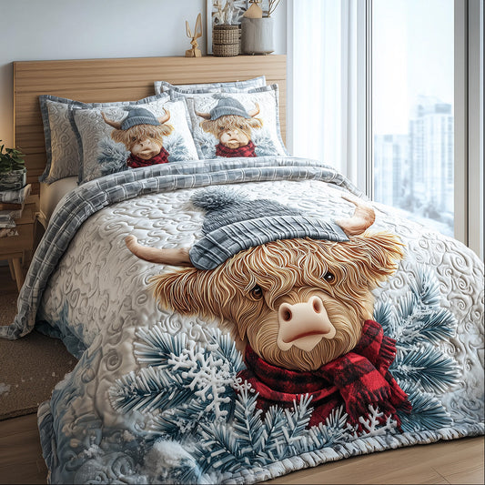 Frosty Flannel Highland Cow 3-Piece Quilted Bedding Set NCU0TH3903