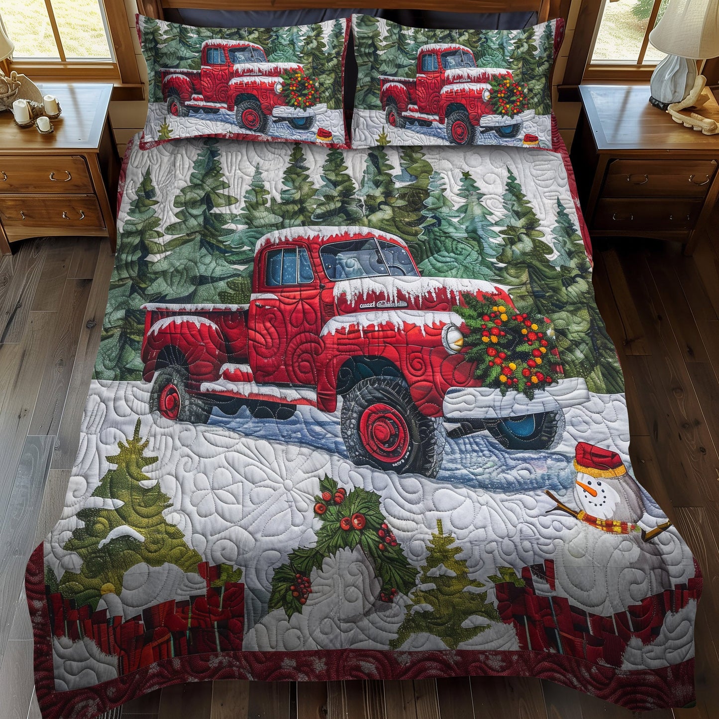 Frosty Truck Cheer 3-Piece Quilted Bedding Set NCU0DV1636