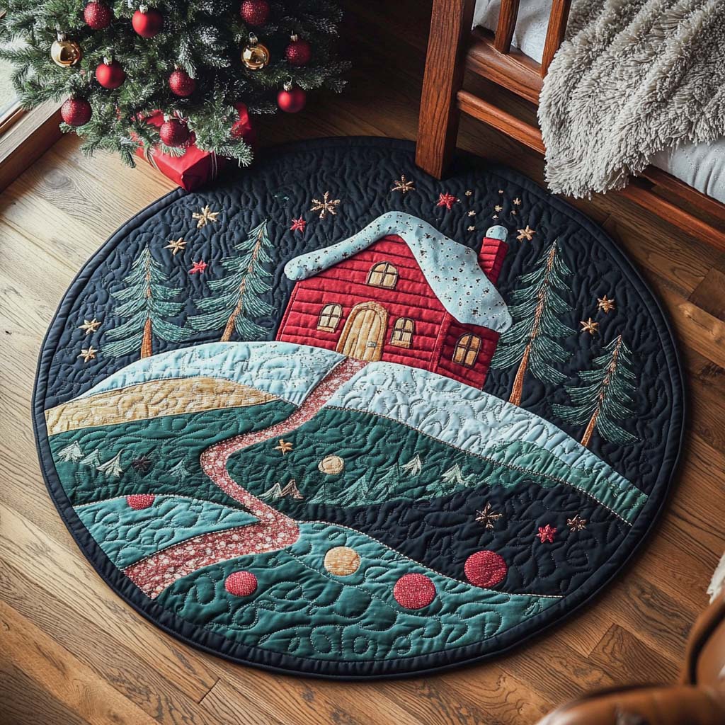 Frosty Woodland Cabin Quilted Round Mat NCU0XD189
