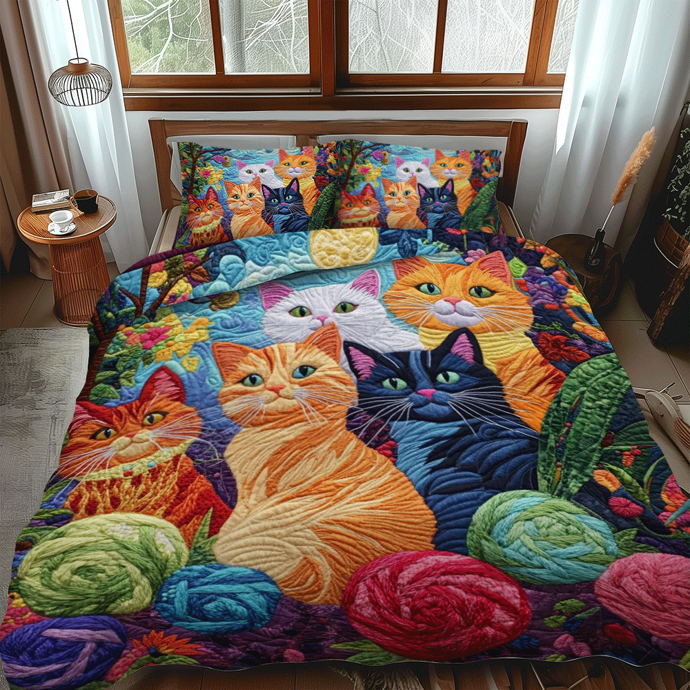 Funky Yarn Cat 3-Piece Quilted Bedding Set NCU0PD627