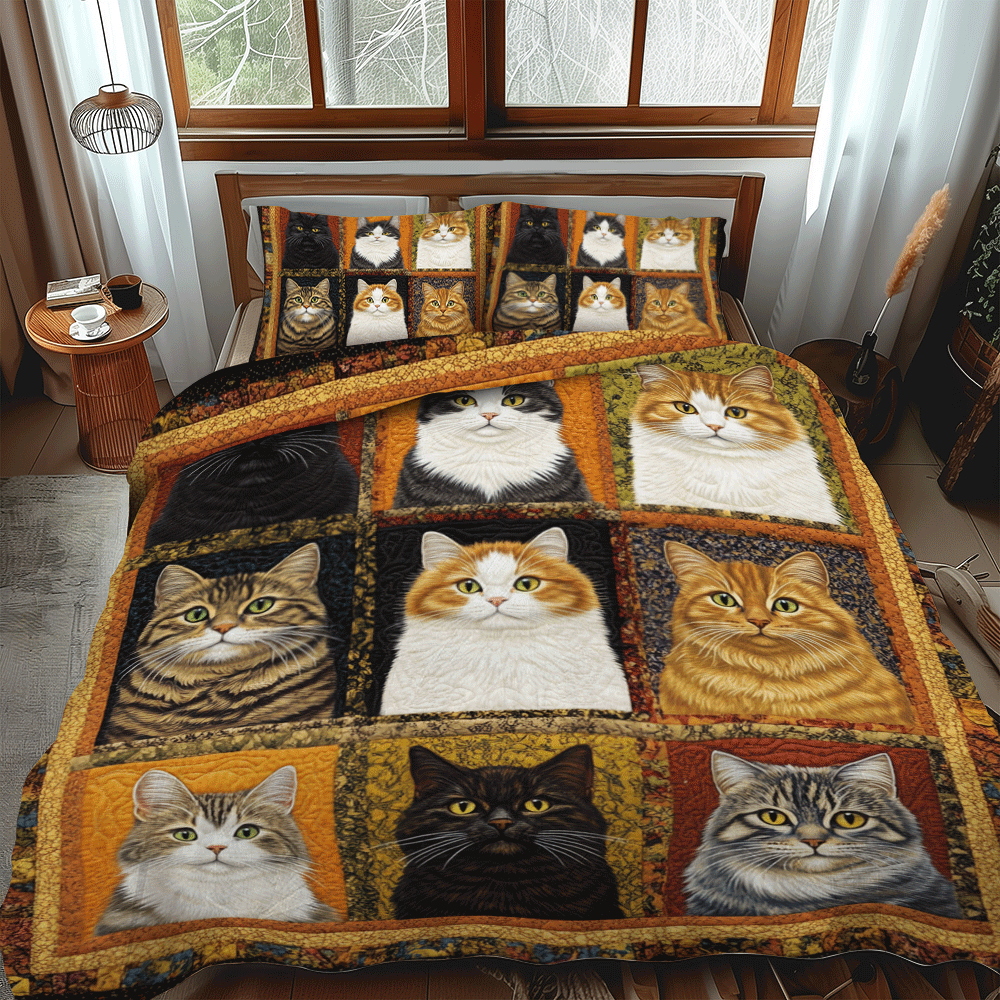 Funny Cat Patchwork 3-Piece Quilted Bedding Set NCU0PD620
