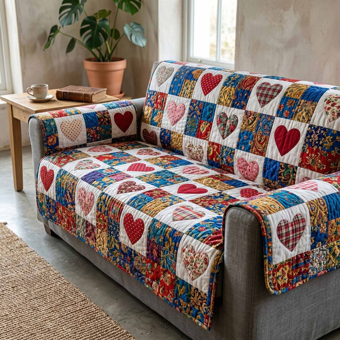 Garden Hearts Quilted Sofa Cover NCU0XD2529