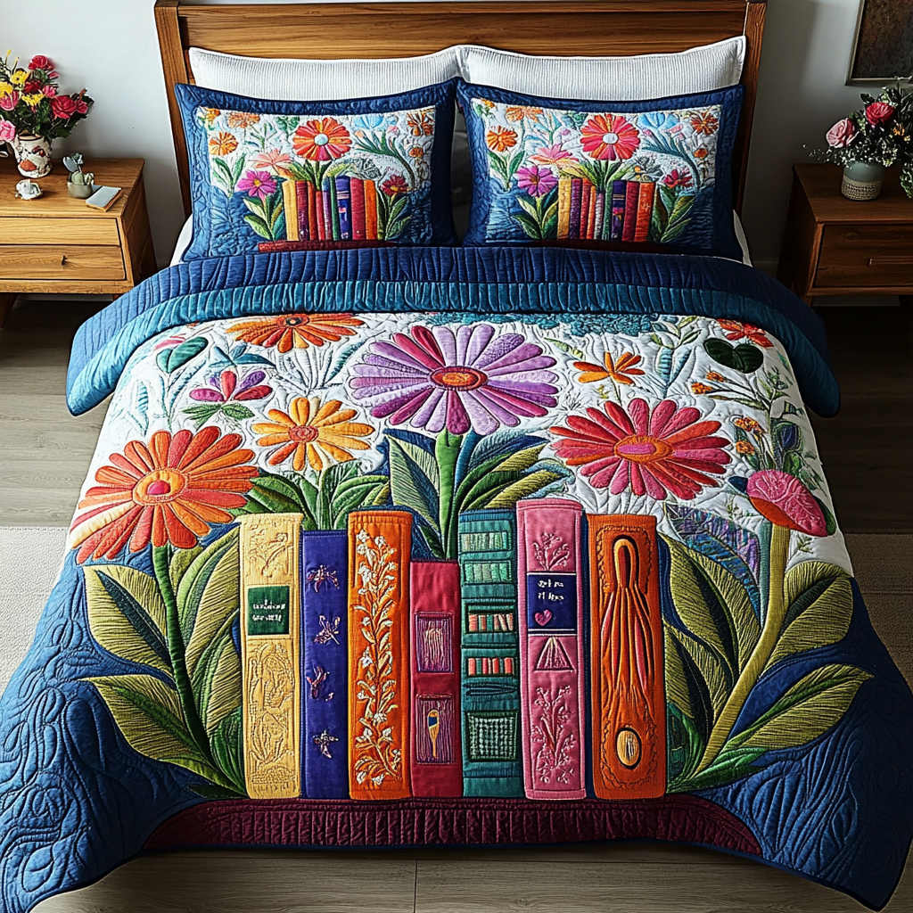 Garden of Books 3-Piece Quilted Bedding Set NCU0VL1256