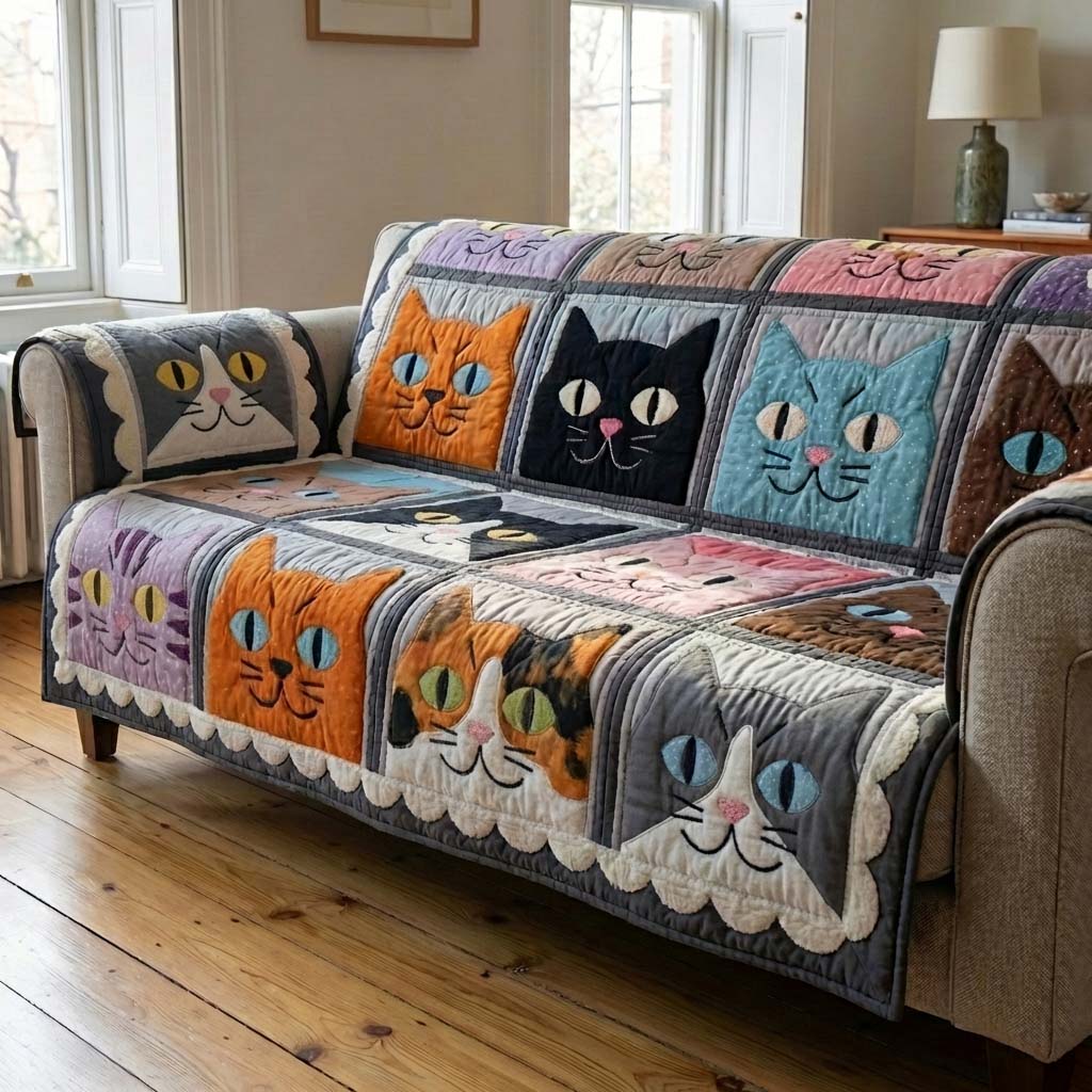 Gaze Cat Canvas Quilted Sofa Cover NCU0HH1950