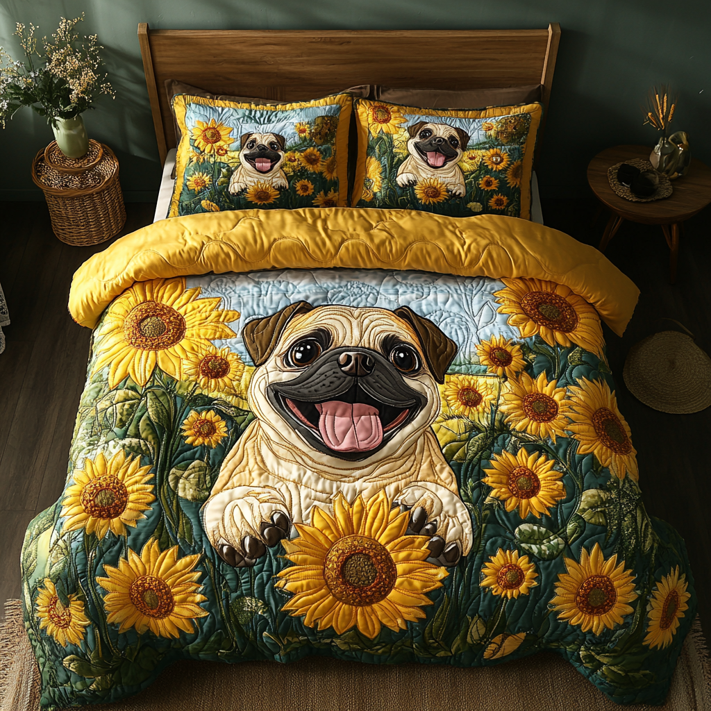 Gentle Pug 3-Piece Quilted Bedding Set NCU0DK9677
