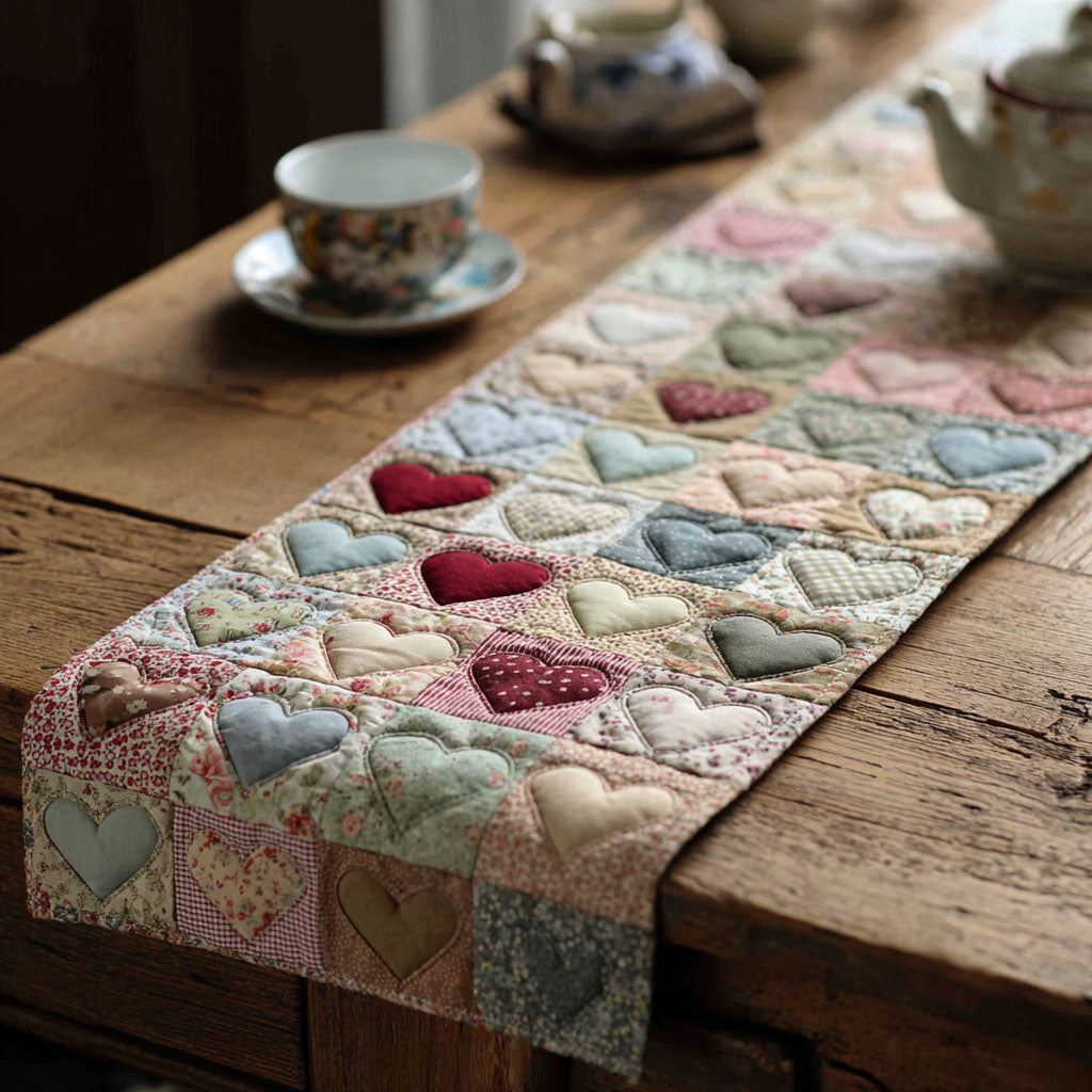 Gentle Vintage Hearts Quilted Table Runner NCU0TV1492