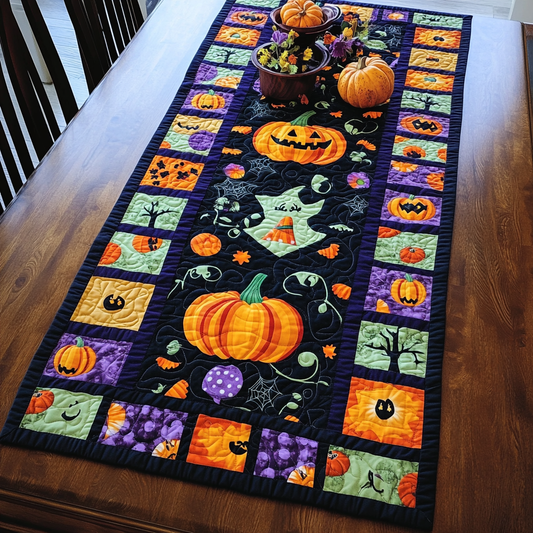 Ghostly Halloween Pumpkin Quilted Table Runner NCU0PD694