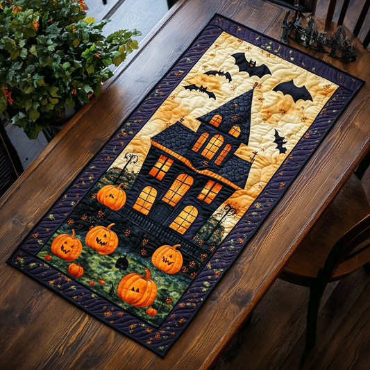 Ghostly House Halloween Quilted Table Runner NCU0PD692