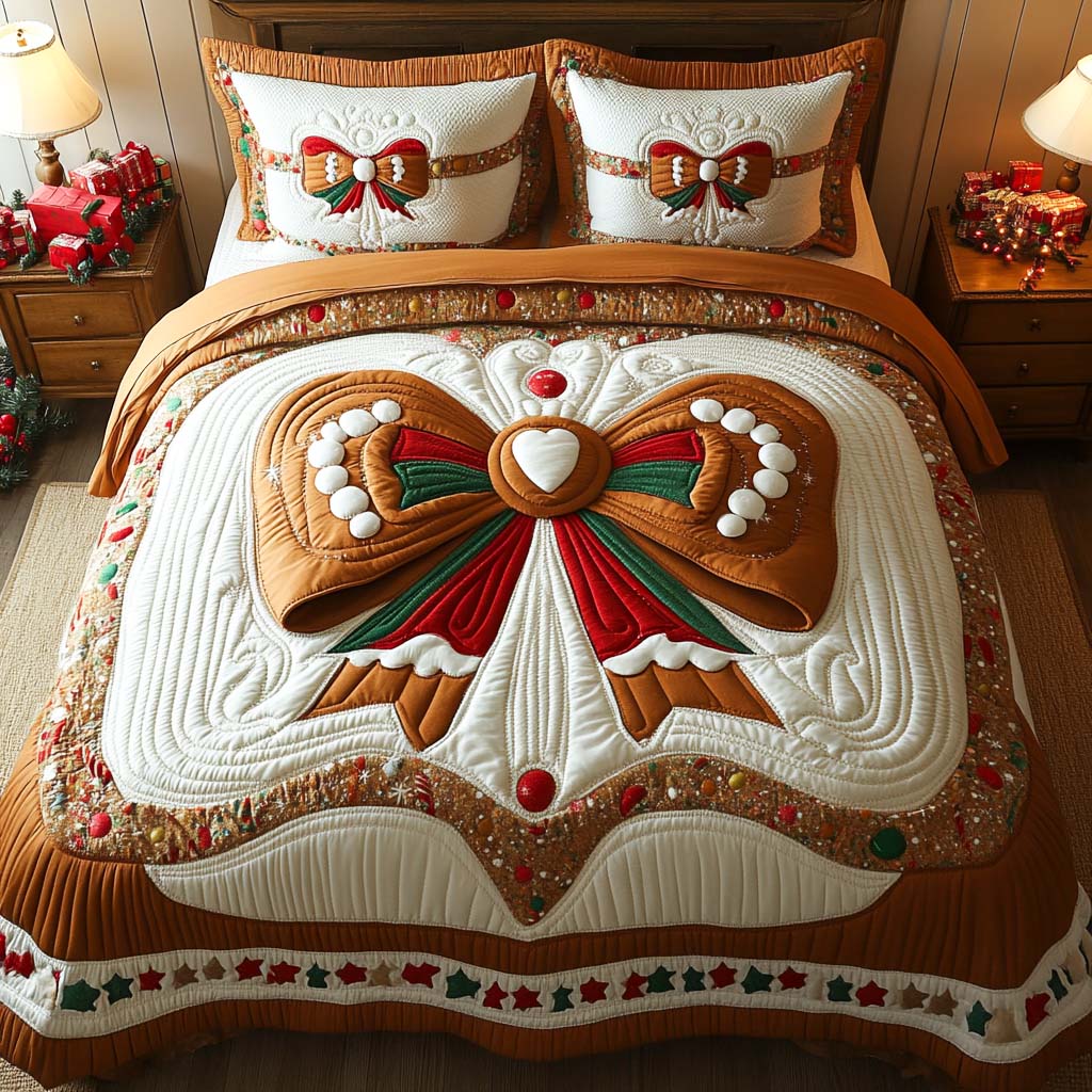 Gingerbread Bow 3-Piece Quilted Bedding Set NCU0XD430