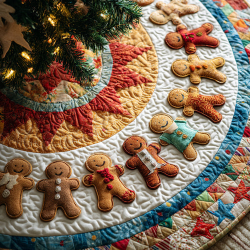 Gingerbread Man Candy Stripe Quilted Christmas Tree Skirt NCU0HH1394