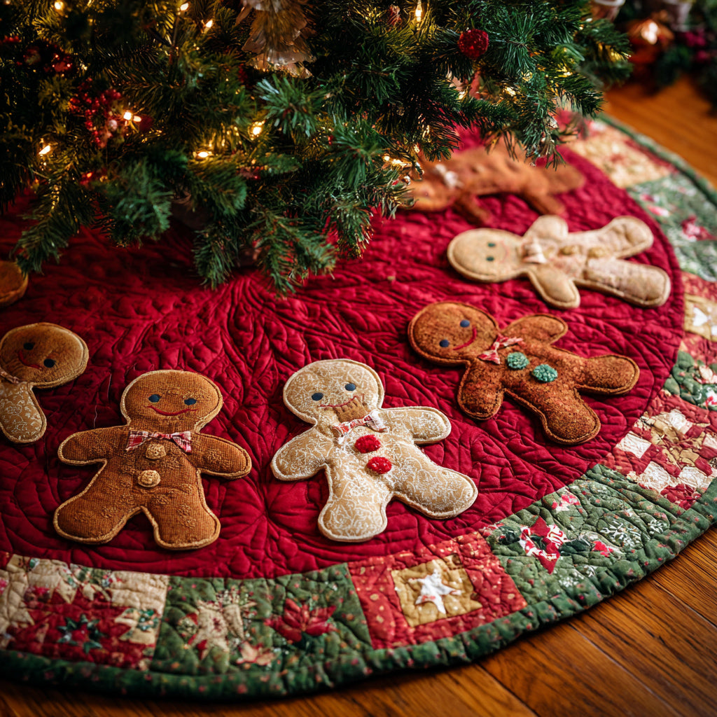 Gingerbread Man Holiday Cheer Quilted Christmas Tree Skirt NCU0HH1395
