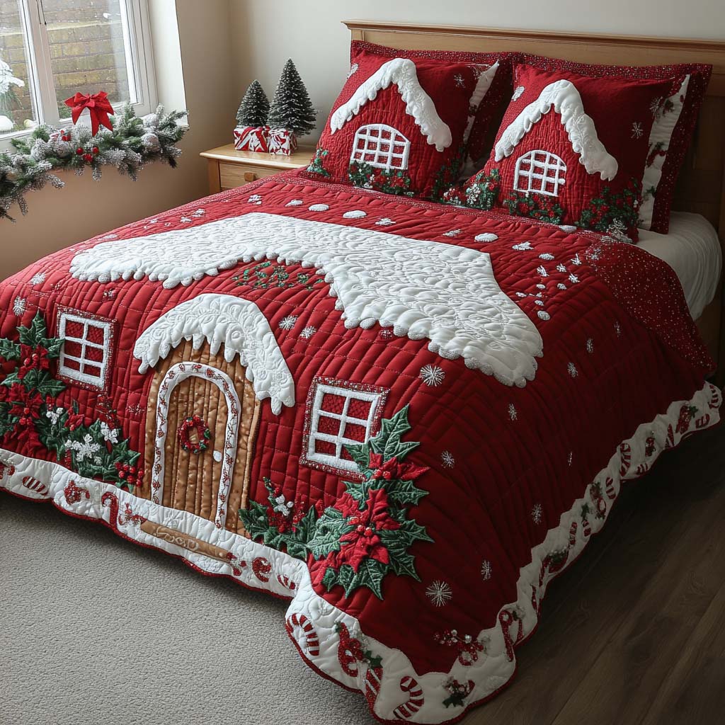 Gingerbread Red 3-Piece Quilted Bedding Set NCU0NT11136
