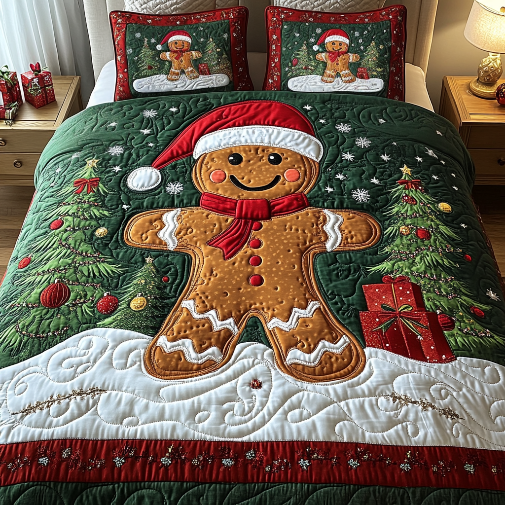 Gingerbread Sparkle 3-Piece Quilted Bedding Set NCU0VH1284