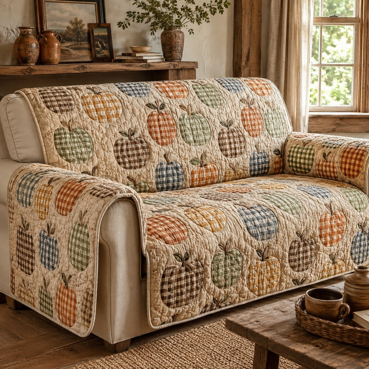Gingham Pumpkins Quilted Sofa Cover NCU0VL3787