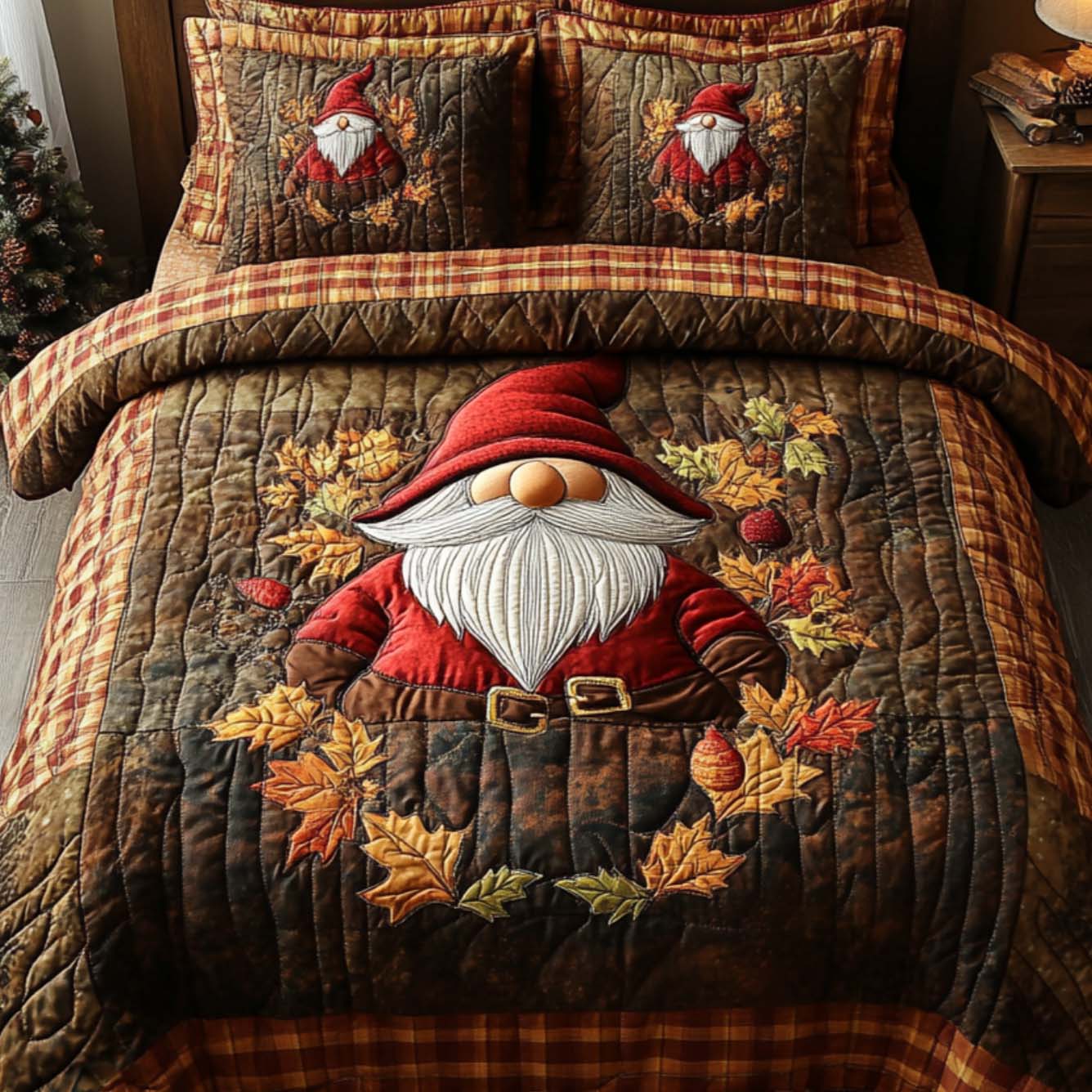 Gnome Autumn Leaves 3-Piece Quilted Bedding Set NCU0DV7192