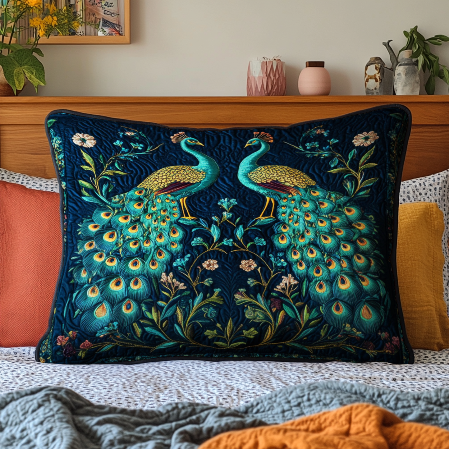 Golden Peacocks Quilted Bedding Pillow Case NCU0NT3981