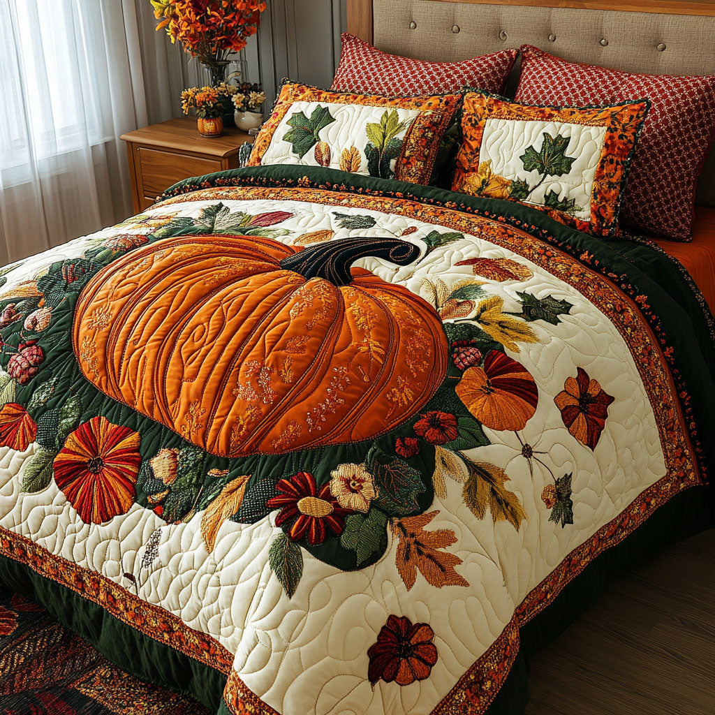 Golden Autumn Pumpkins 3-Piece Quilted Bedding Set NCU0PT7820