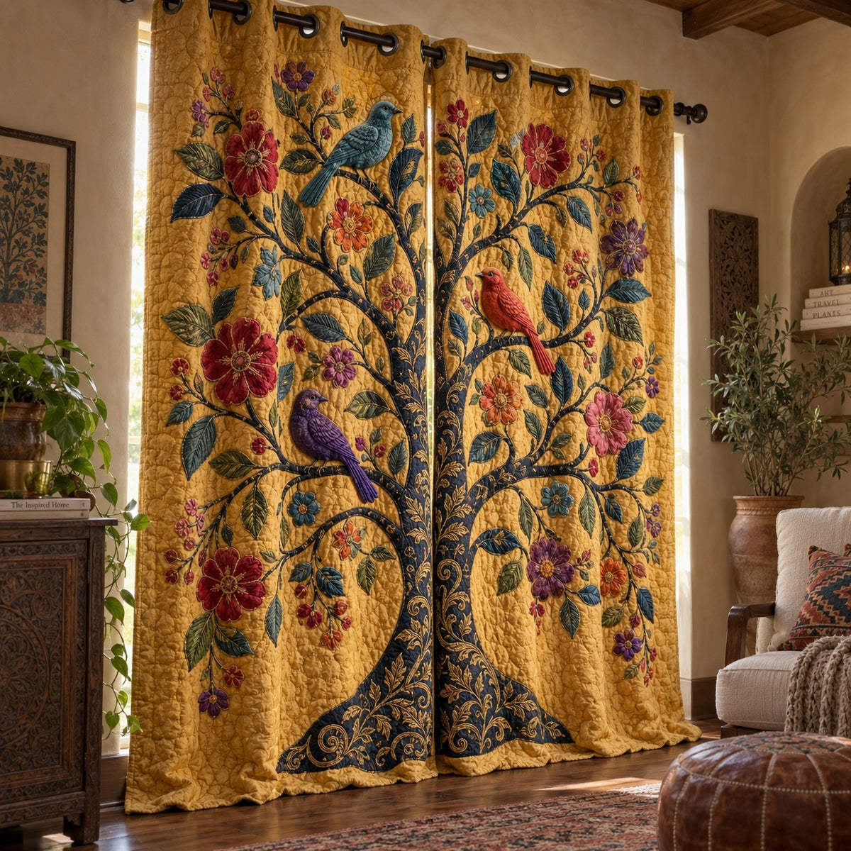 Golden Aviary Bloom Quilted Curtains NCU0VL3989
