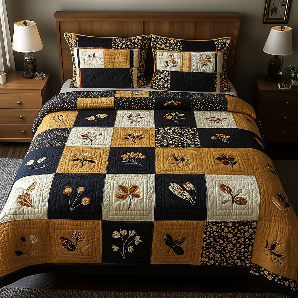 Golden Bloom 3-Piece Quilted Bedding Set NCU0DK9709