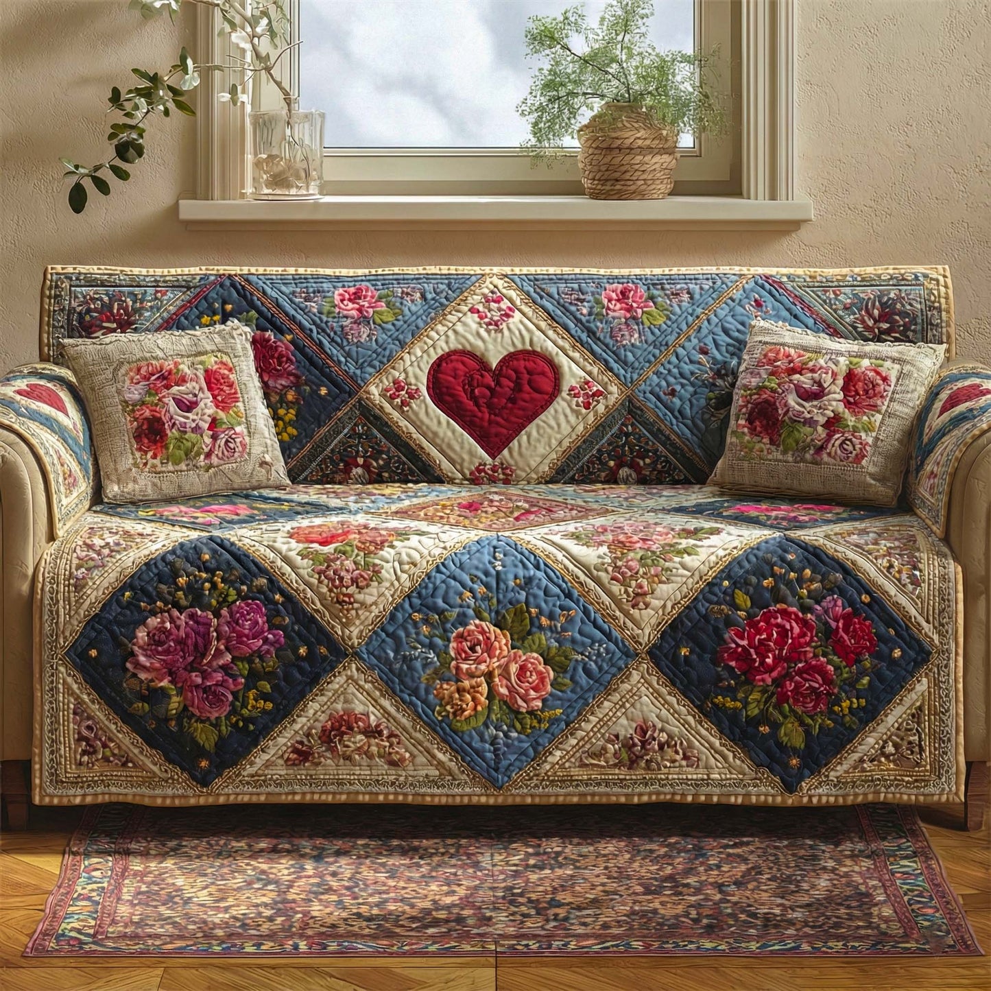 Golden Blossom Heart Quilted Sofa Cover NCU0XD2208