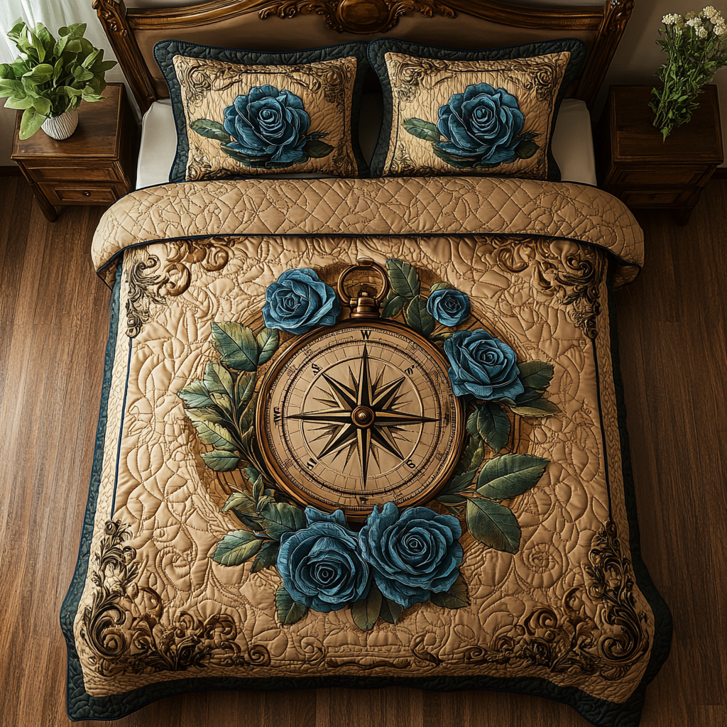 Golden Blue 3-Piece Quilted Bedding Set NCU0DV4491