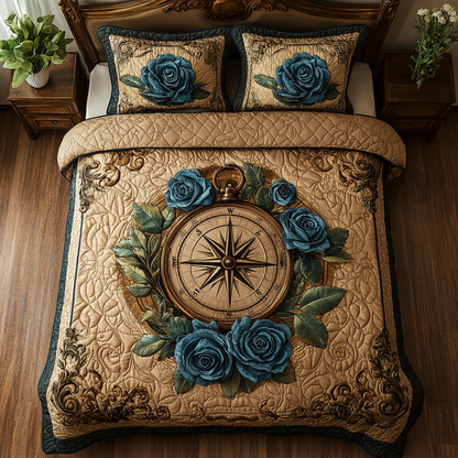 Golden Blue 3-Piece Quilted Bedding Set NCU0DV4491