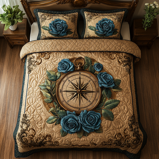 Golden Blue 3-Piece Quilted Bedding Set NCU0DV4491