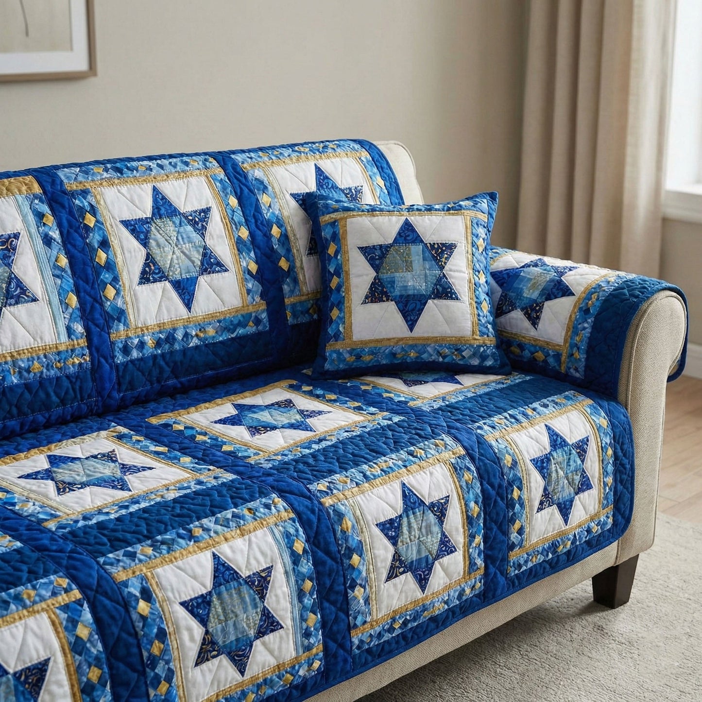Golden Blue Stars Quilted Sofa Cover NCU0NT12171