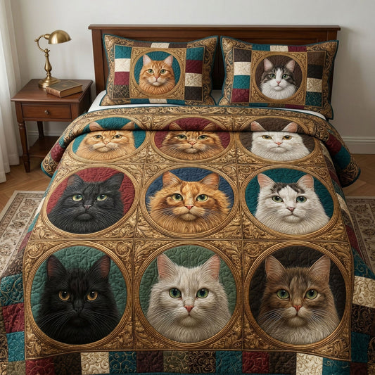 Golden Cat Portraits 3-Piece Quilted Bedding Set NCU0NT12468