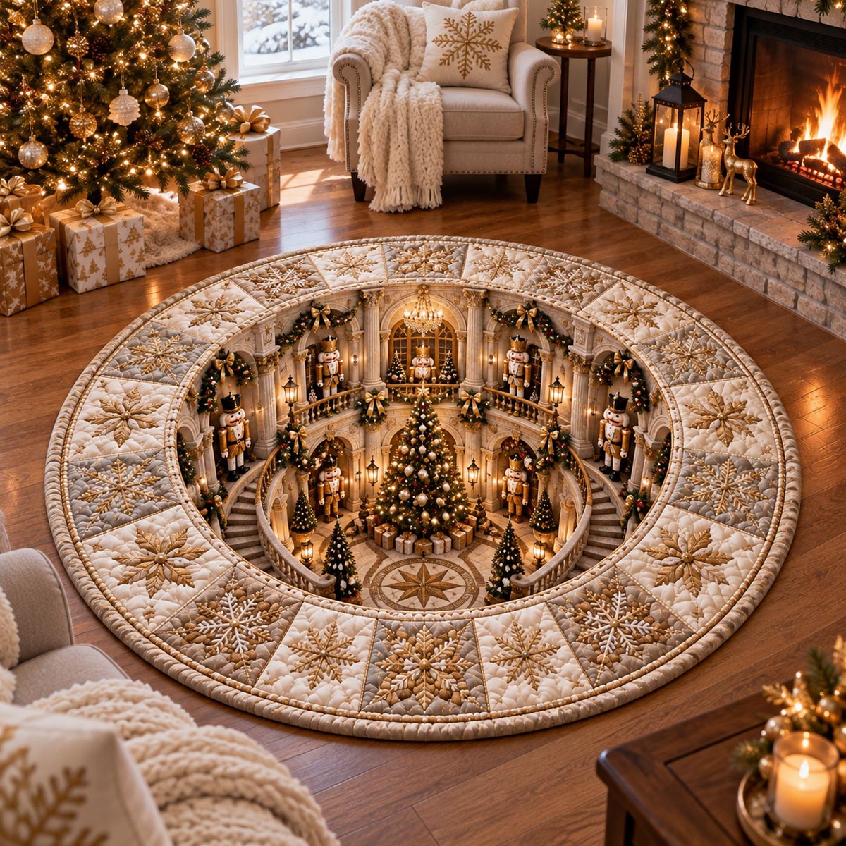 Golden Christmas Hall Quilted Round Mat NCU0DV10257