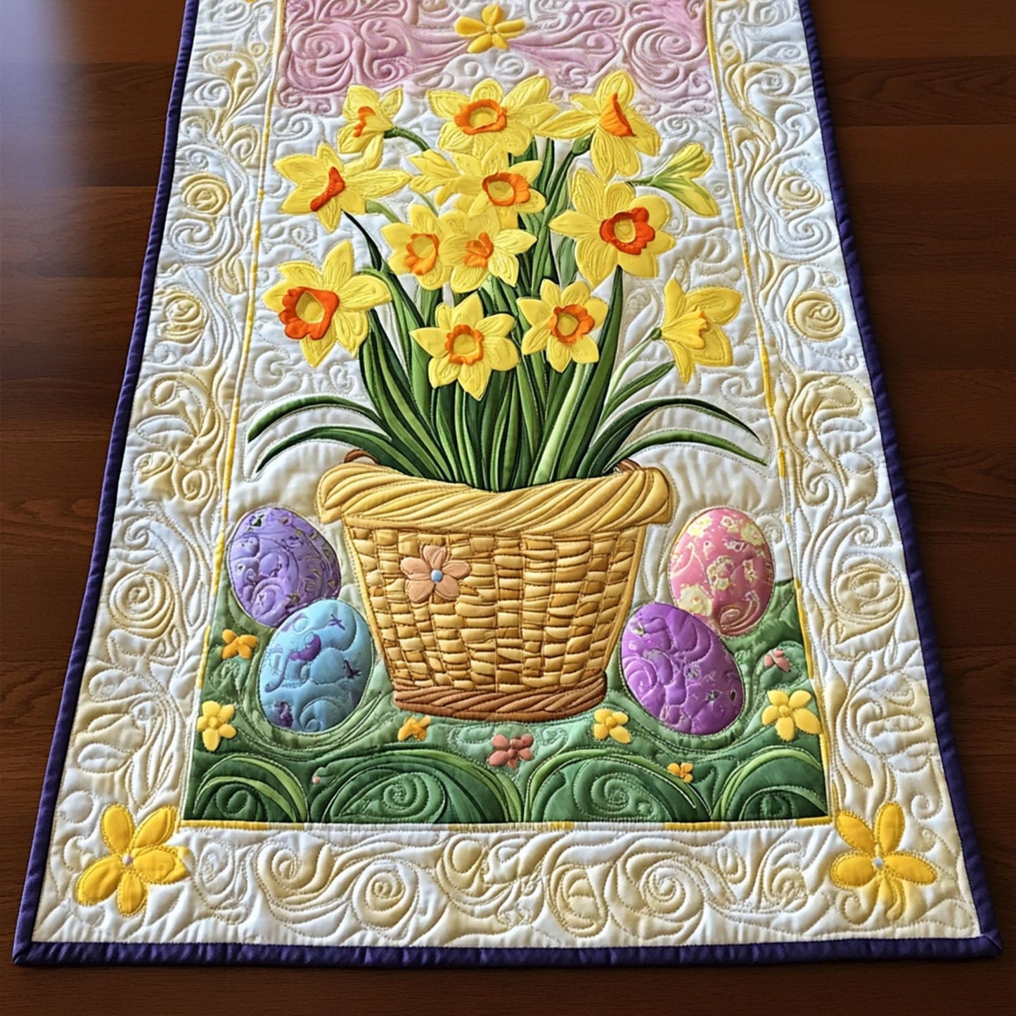 Golden Daffodil Basket Quilted Table Runner NCU0PT5151