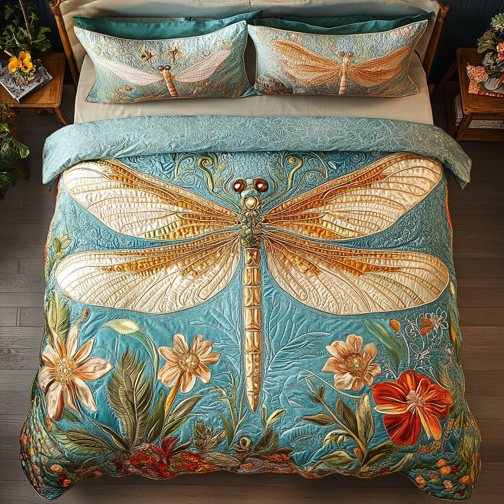 Golden Dragonfly 3-Piece Quilted Bedding Set NCU0DK10729