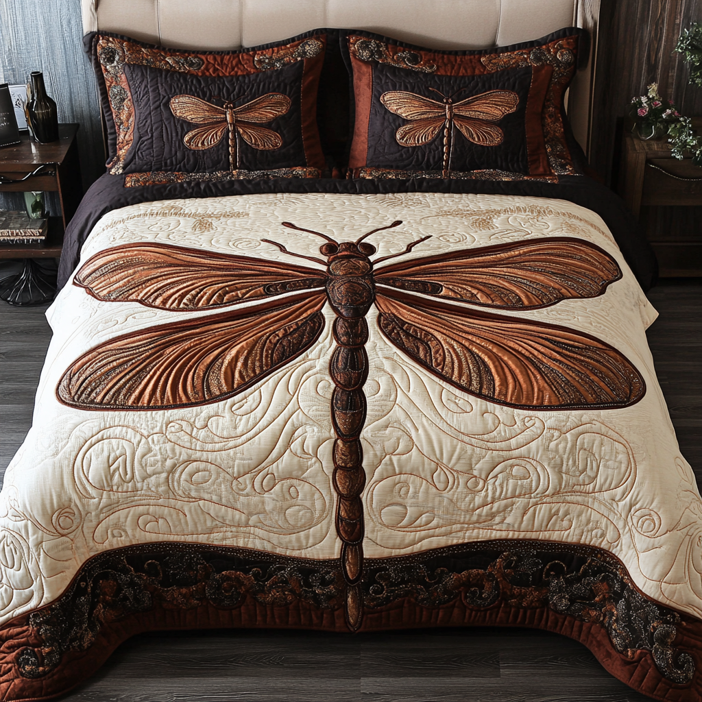 Golden Dragonfly 3-Piece Quilted Bedding Set NCU0DK11069