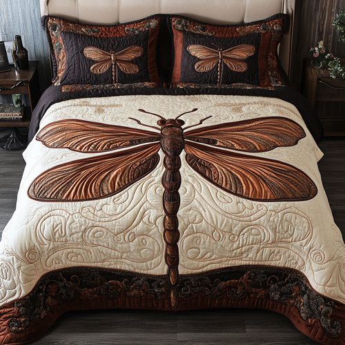 Golden Dragonfly 3-Piece Quilted Bedding Set NCU0DK11069
