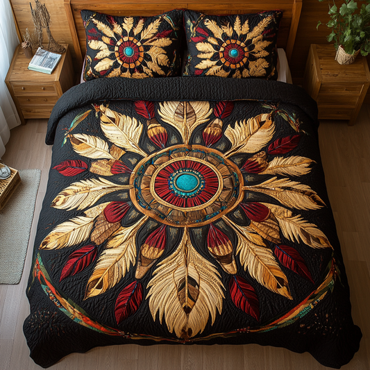 Golden Feather Mandala 3-Piece Quilted Bedding Set NCU0DK2848