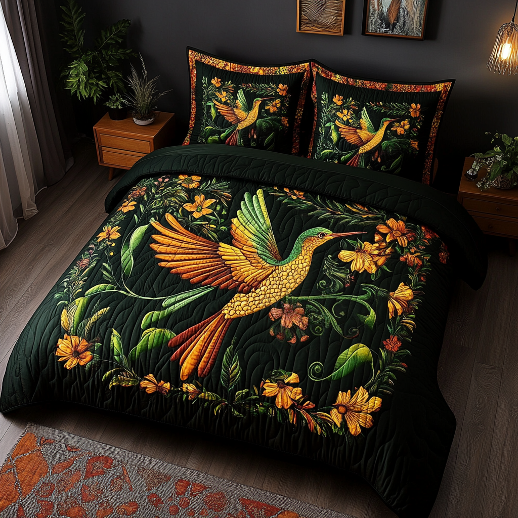 Golden Garden Hummingbird 3-Piece Quilted Bedding Set NCU0VL971 – Vantique