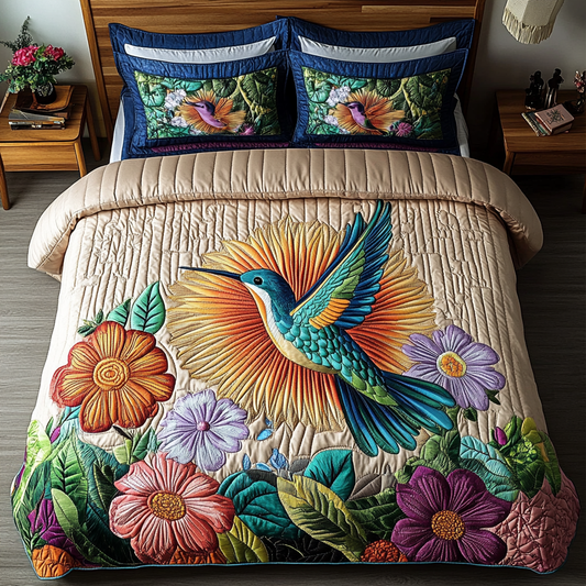 Golden Glow Hummingbird 3-Piece Quilted Bedding Set NCU0VL1199