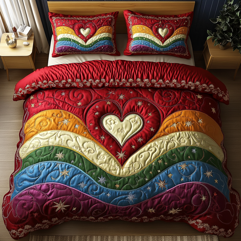 Golden Hearts 3-Piece Quilted Bedding Set NCU0DK4257