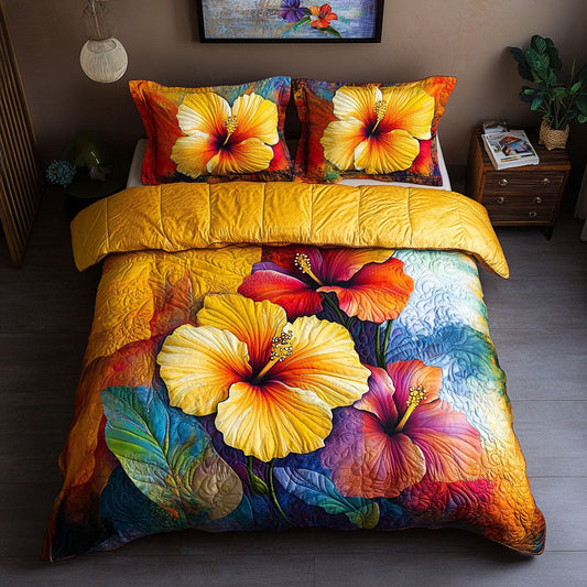 Golden Hibiscus Dream 3-Piece Quilted Bedding Set NCU0NT5859