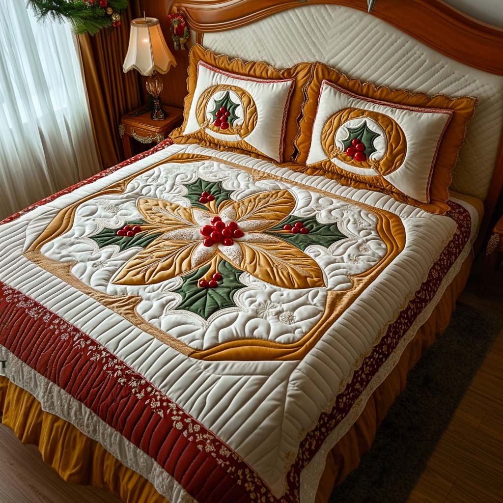 Golden Holly 3-Piece Quilted Bedding Set NCU0XD427