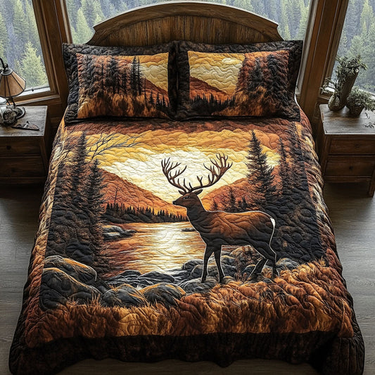 Golden Hour Elk 3-Piece Quilted Bedding Set NCU0PT3454