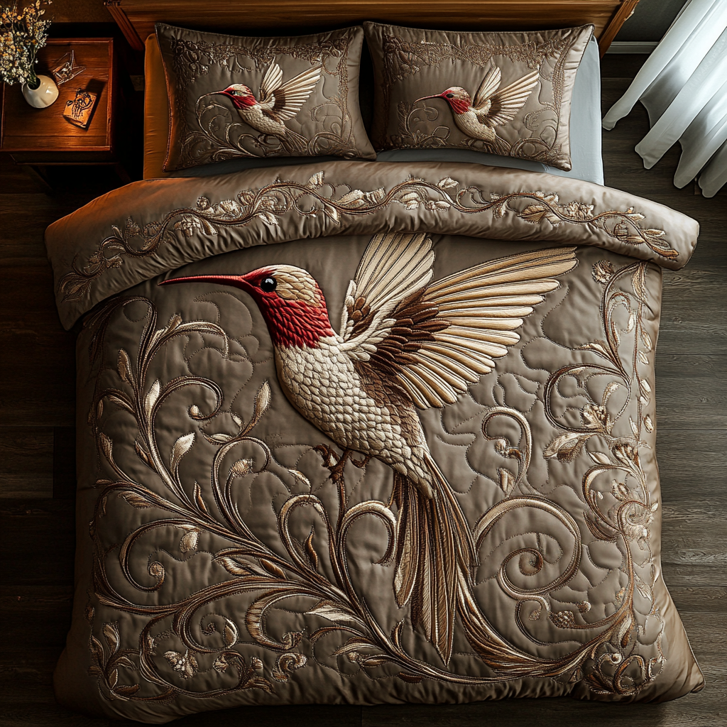 Golden Hummingbird 3-Piece Quilted Bedding Set NCU0DV5980