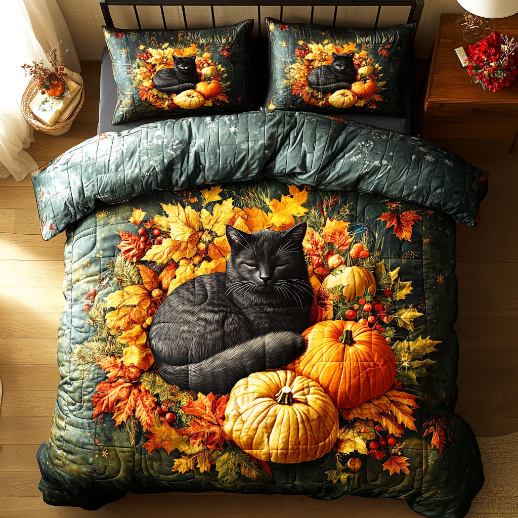 Golden Leaf Cat 3-Piece Quilted Bedding Set NCU0TD521