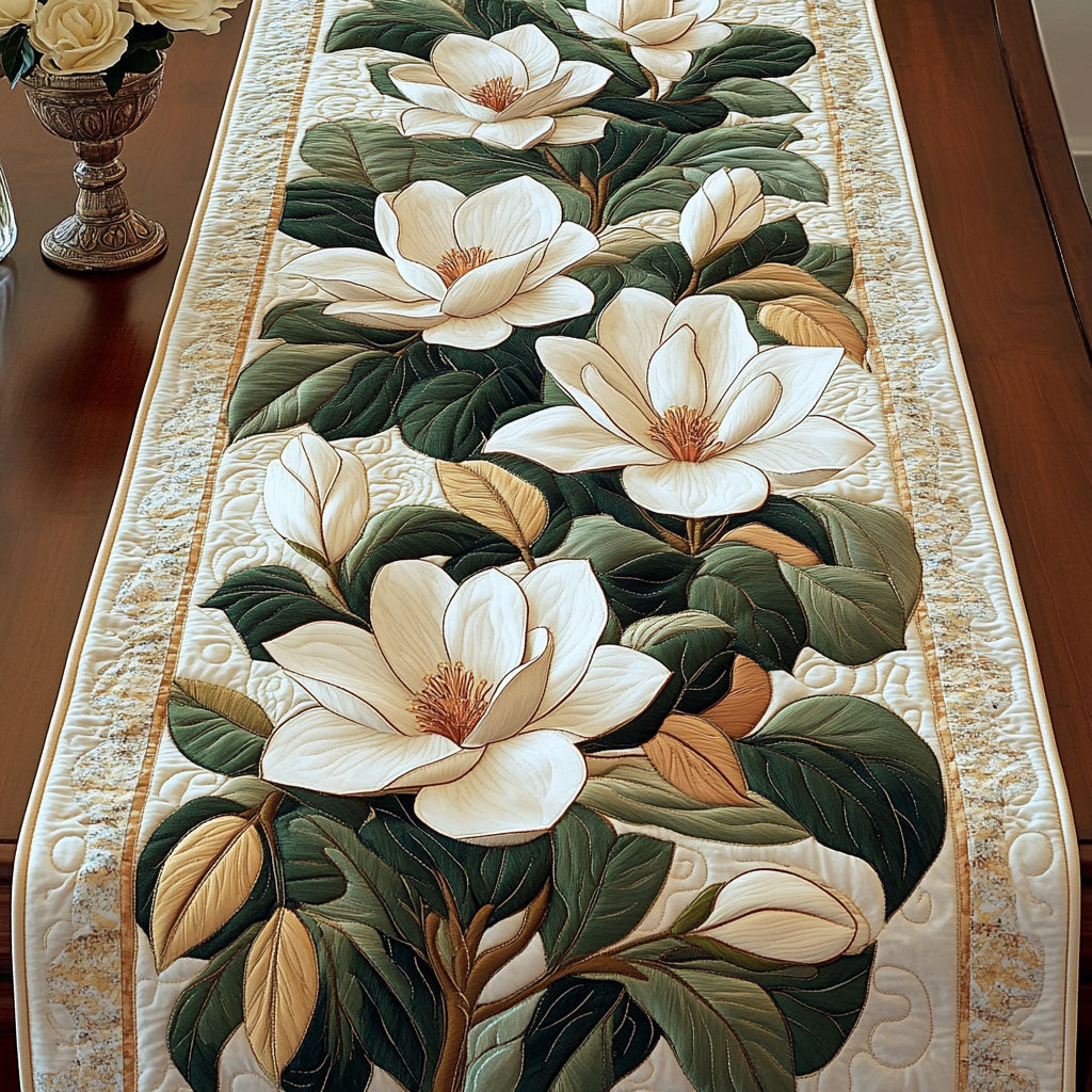 Golden Magnolia Bloom Quilted Table Runner NCU0NT3697