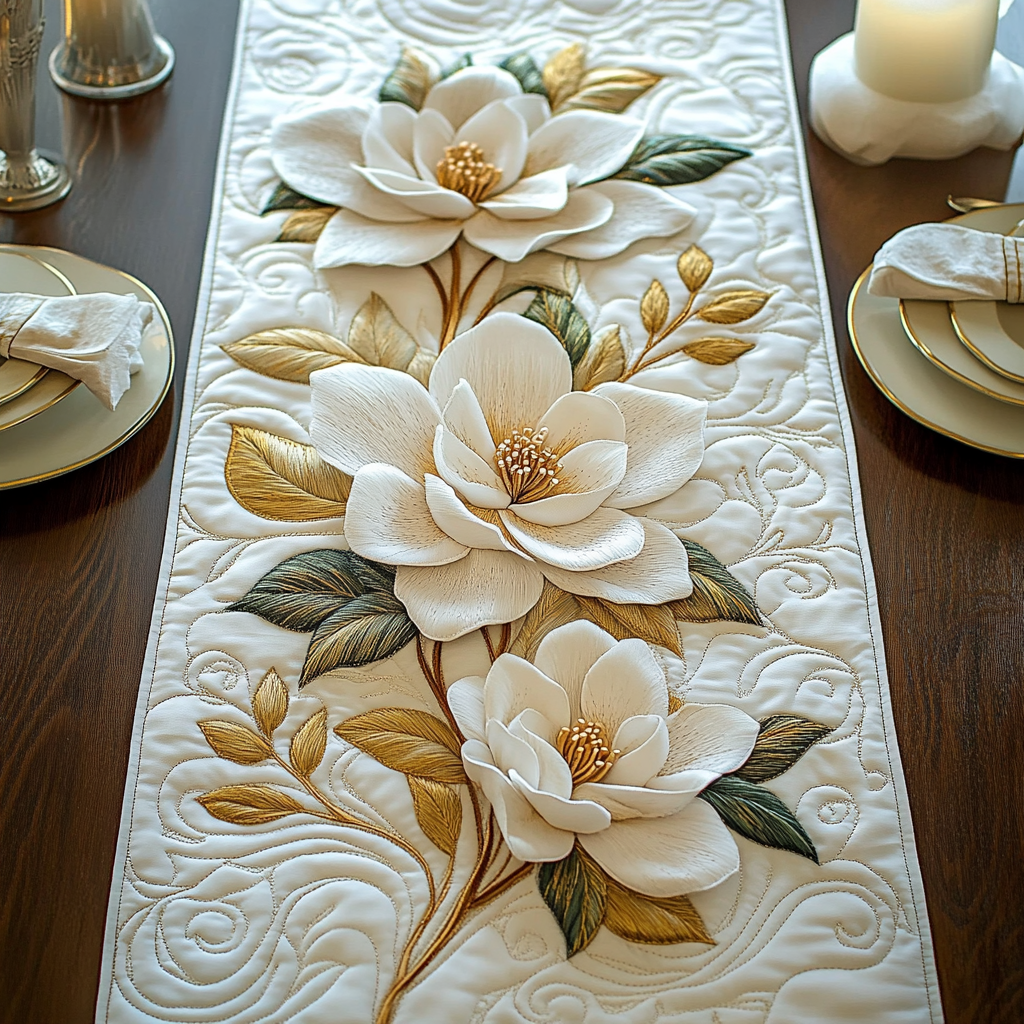 Golden Magnolia Quilted Table Runner NCU0DV3640