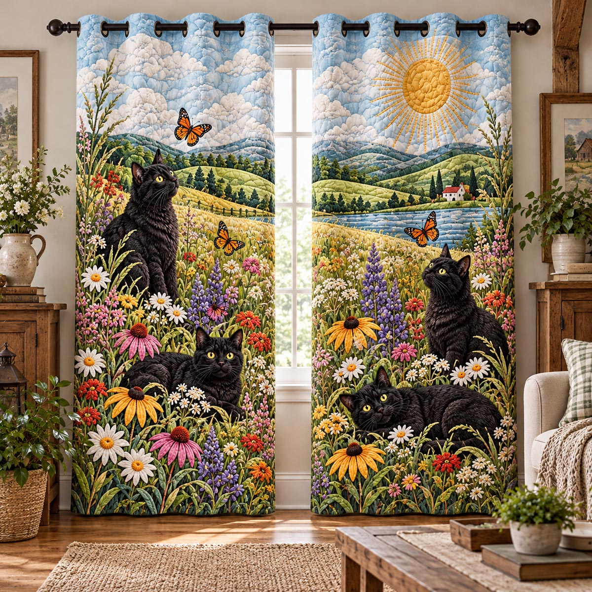 Golden Meadow Black Cat Quilted Curtains NCU0DV10385