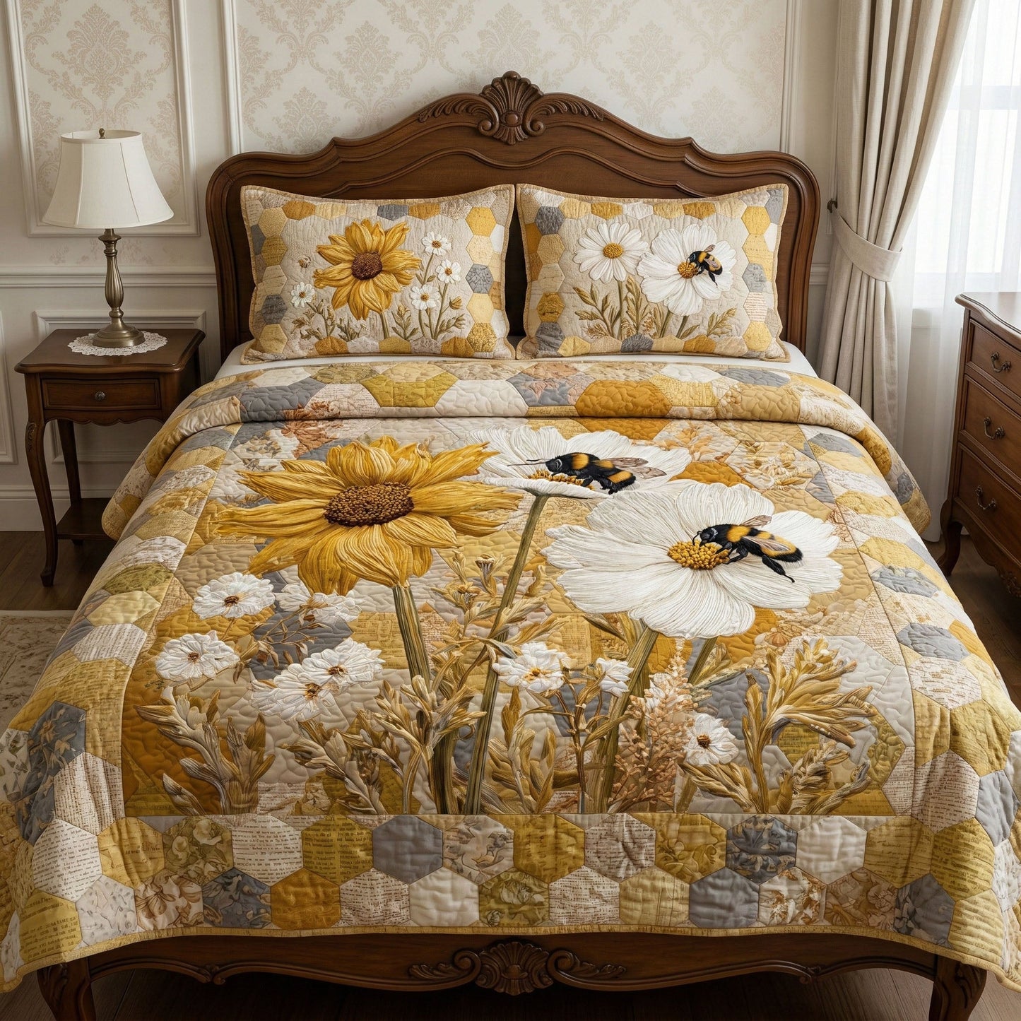 Golden Meadow Bloom 3-Piece Quilted Bedding Set NCU0NT12405